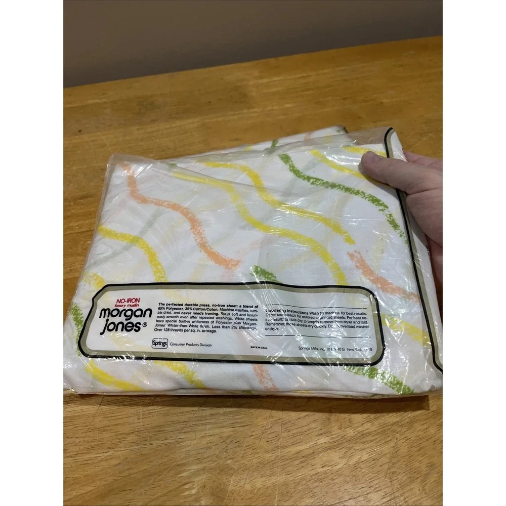Vtg Morgan Jones Retro Sheets Twin‎ Fitted Flat Squiggle Lines Yellow Green 60s